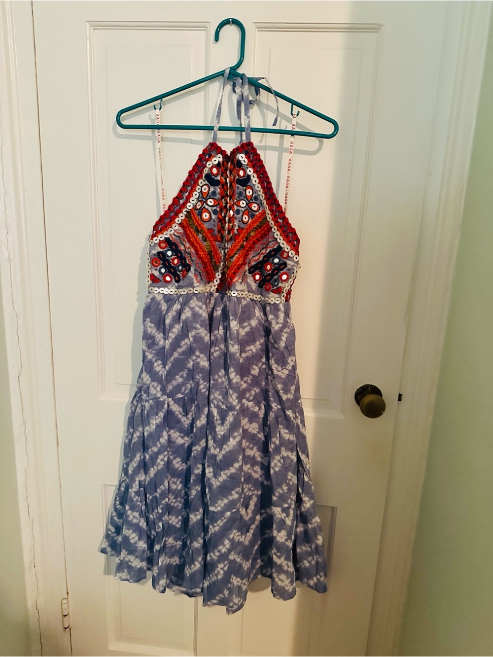 RAGA Blue Tie-Dye Halter Dress with Red Accents NWT M